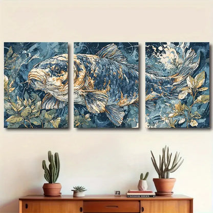 3pcs White Golden Koi Fish With Metallic Golden Metal Print Ready to Hang Art