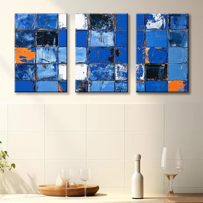 3pcs Blue square Illustration Wall Art Set Canvas Framed 40x60cm - High Quality Print 100% Australian Made Wall Canvas Ready to Hang