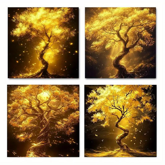 4pcs Vintage Golden Fortune Tree Wall Art Canvas Framed
