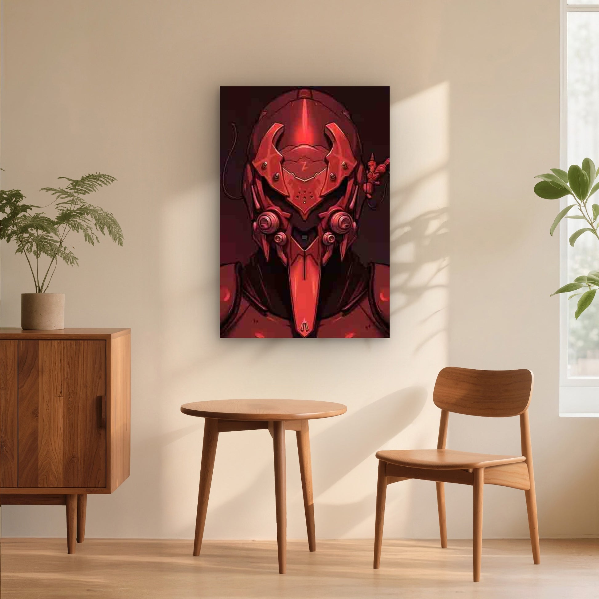 Sci-Fi Style Red Mechanical Helmet Design 40x60cm Metal Print Ready to Hang - Bella Home Decor