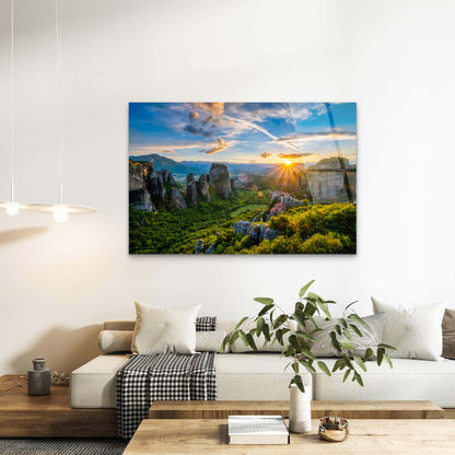 Meteora Greece Mountain Sunset Outlook Acrylic Glass Printing Wall Art Australian Made Quality
