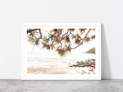 Sea Trees & Rocks near Beach Faded Photograph Glass Framed Wall Art, Ready to Hang Quality Print With White Border White