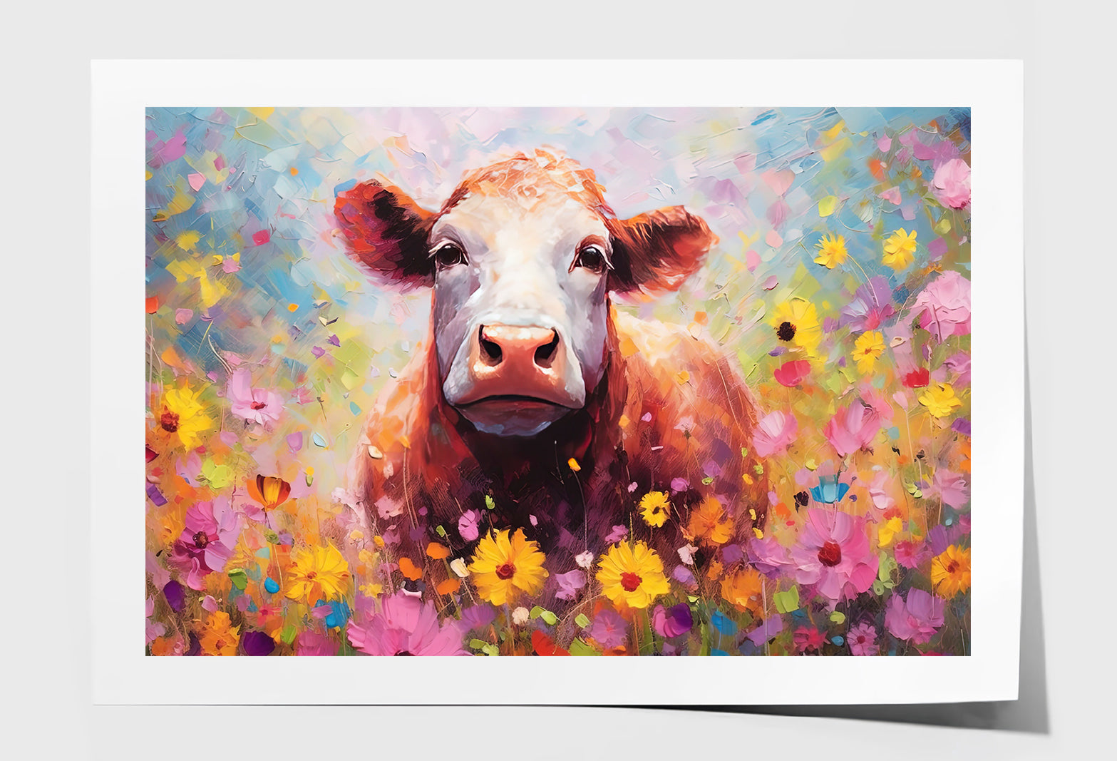 Cute Cow in Blossom Flowers Watercolor Painting Wall Art Limited Edition High Quality Print Unframed Roll Canvas None