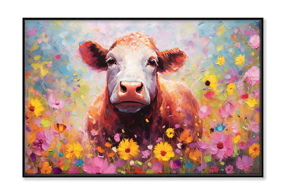 Cute Cow in Blossom Flowers Watercolor Painting Wall Art Limited Edition High Quality Print Canvas Box Framed Black