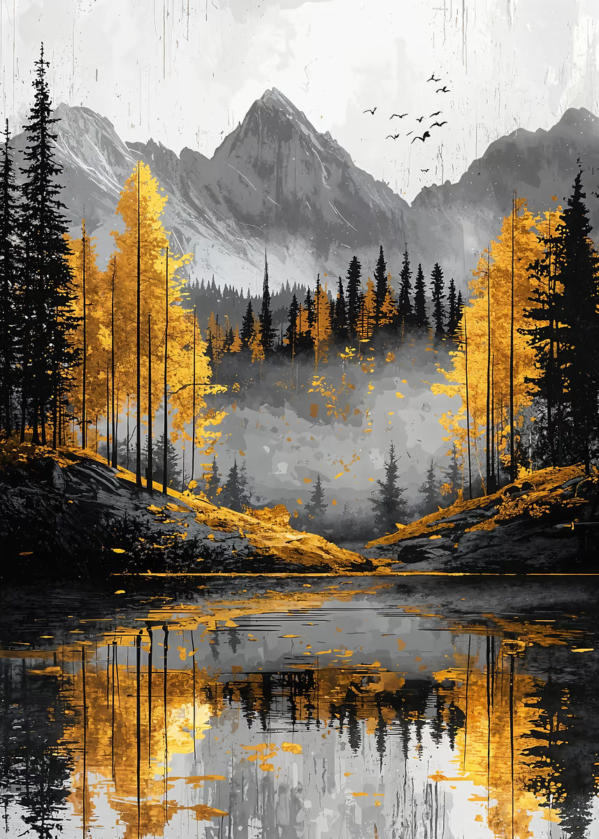 Gold Aspen Mountain Lake View 60x90cm Metal Print Ready to Hang