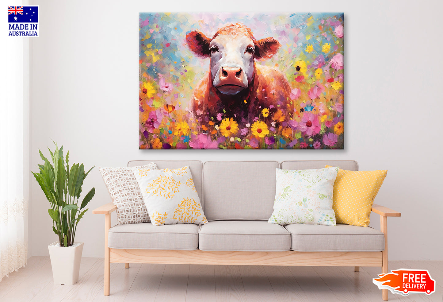 Cute Cow in Blossom Flowers Watercolor Painting Wall Art Limited Edition High Quality Print