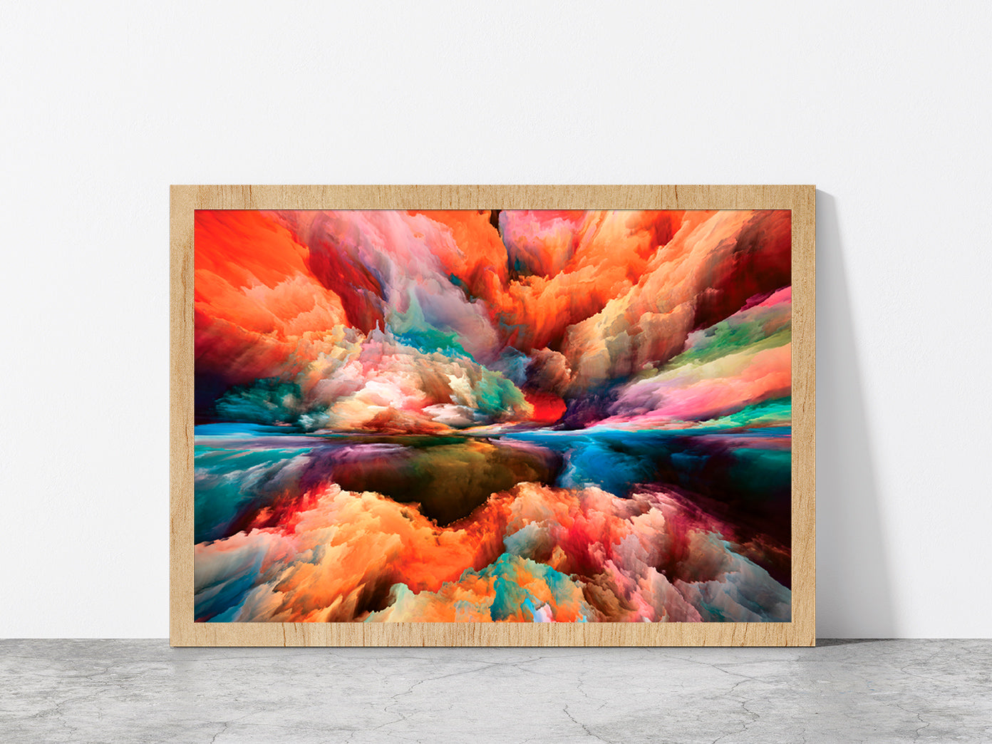 Colorful Abstract Cloud Paint Glass Framed Wall Art, Ready to Hang Quality Print Without White Border Oak