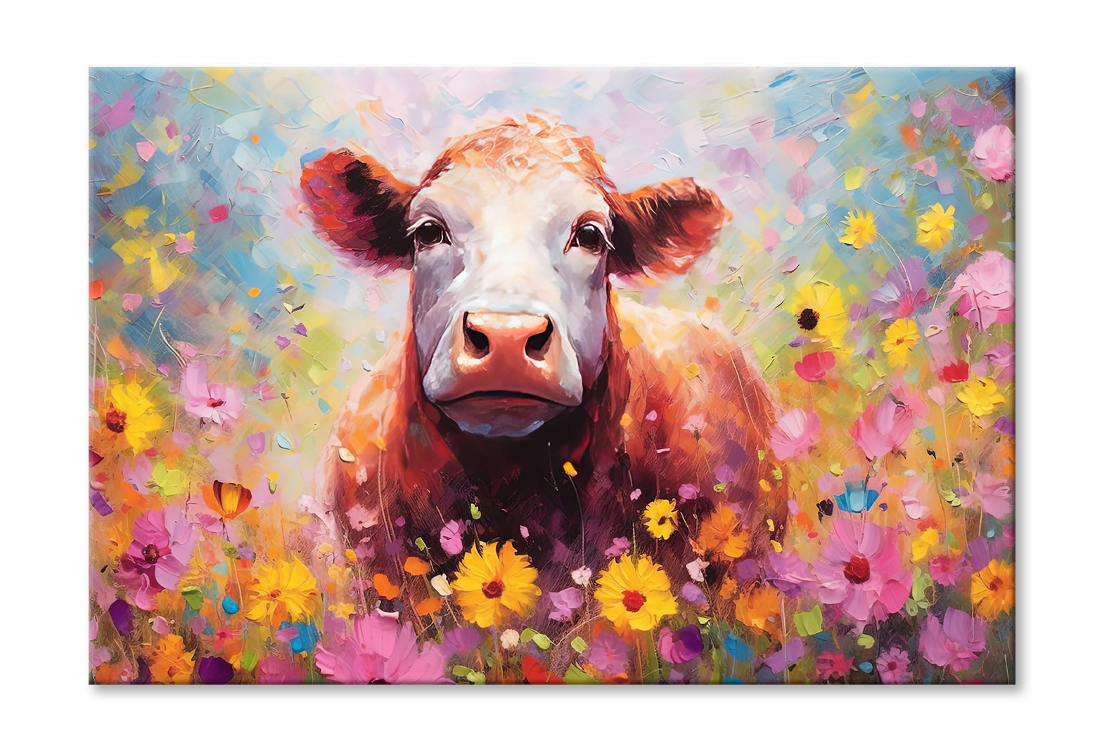 Cute Cow in Blossom Flowers Watercolor Painting Wall Art Limited Edition High Quality Print Stretched Canvas None