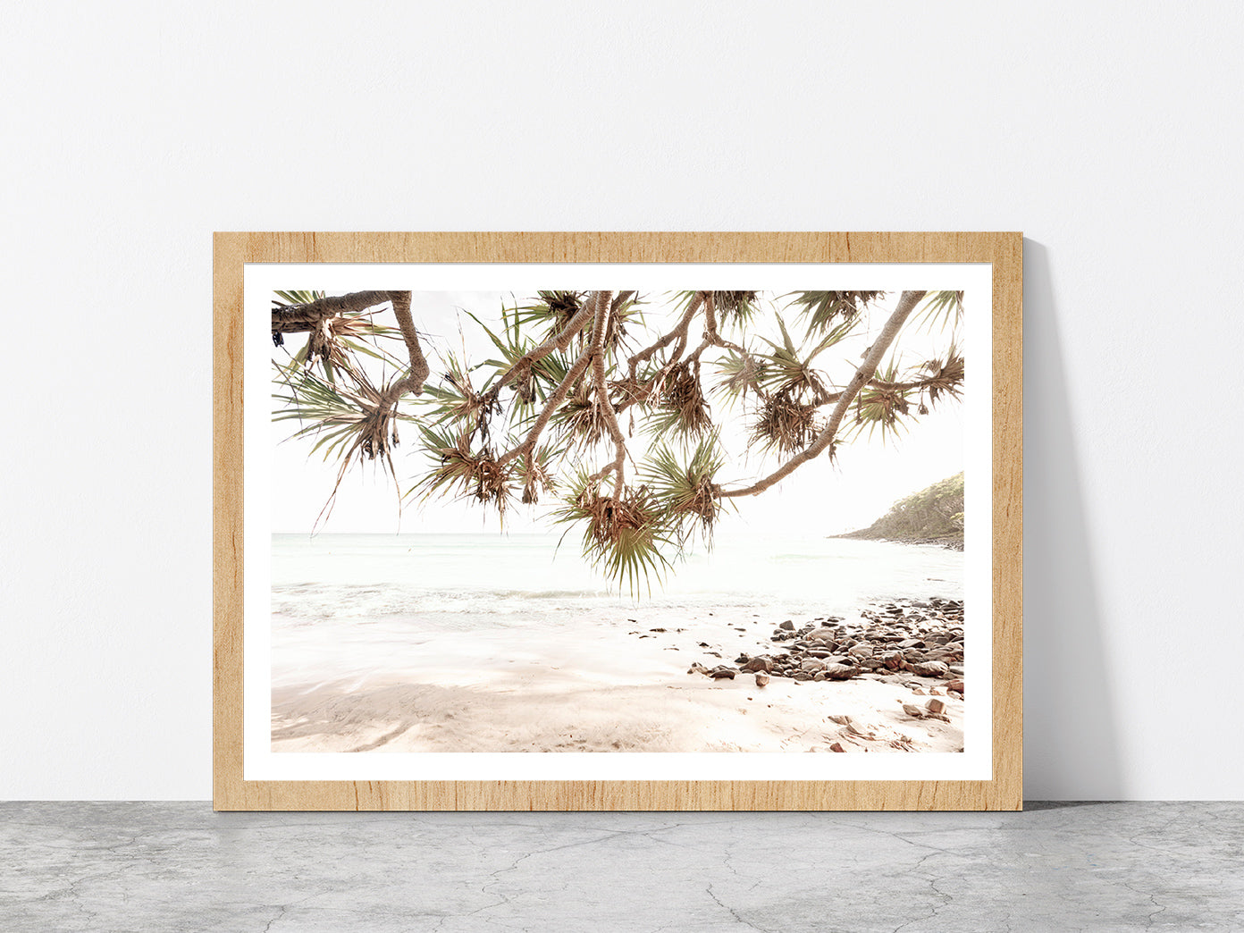 Sea Trees & Rocks near Beach Faded Photograph Glass Framed Wall Art, Ready to Hang Quality Print With White Border Oak