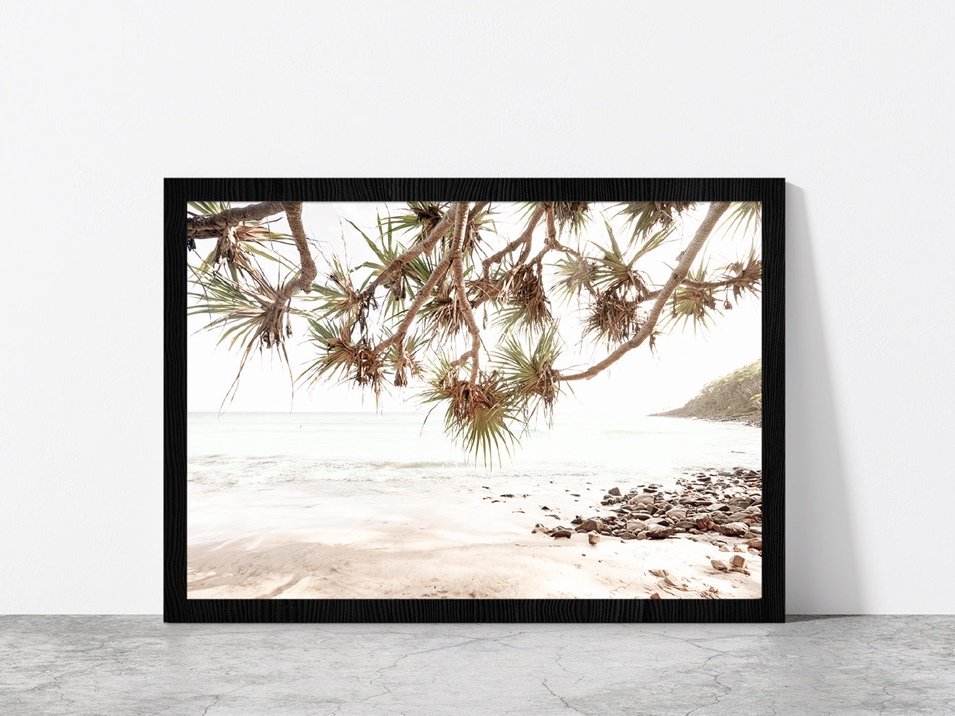 Sea Trees & Rocks near Beach Faded Photograph Glass Framed Wall Art, Ready to Hang Quality Print Without White Border Black