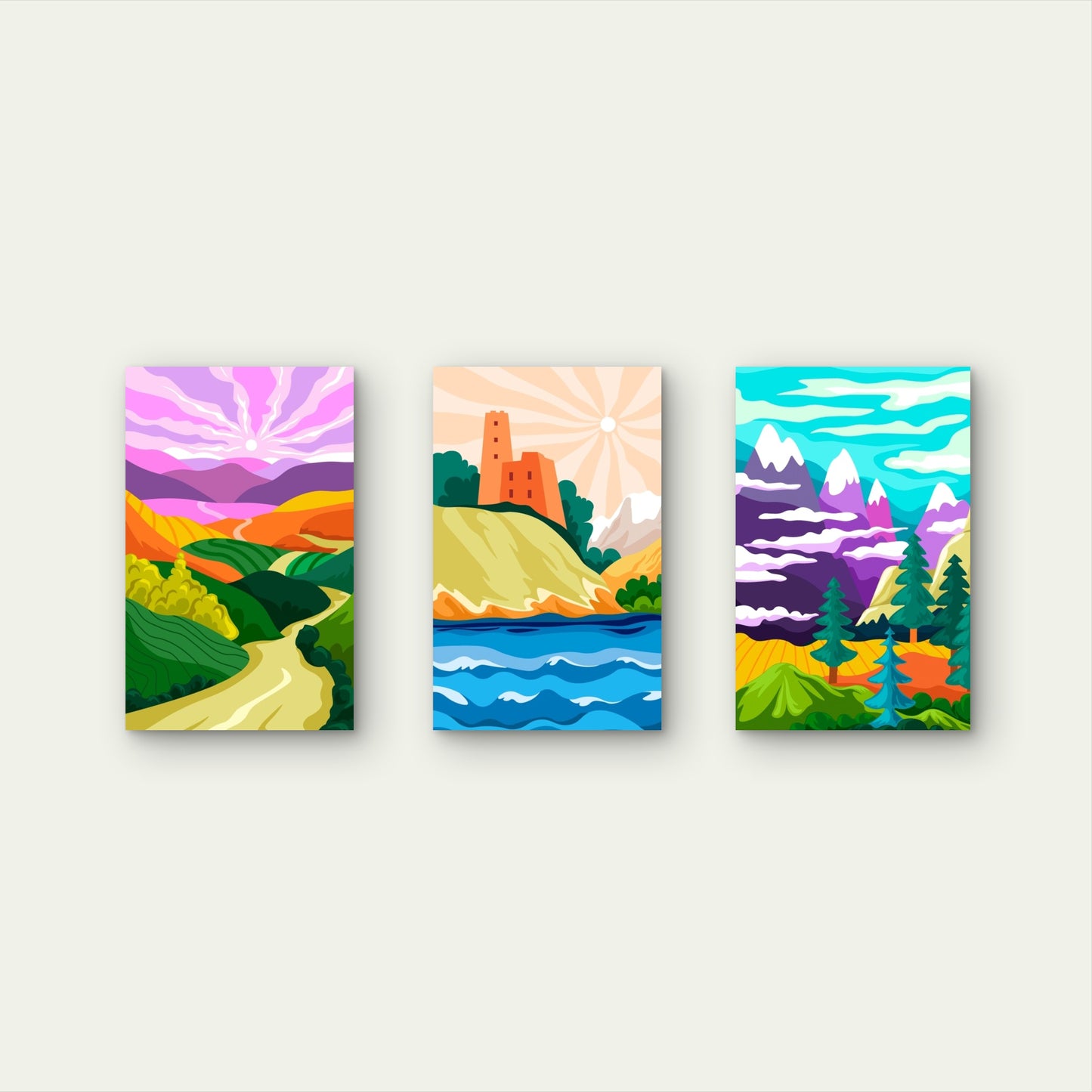 3pcs Vibrant Nature Mountain Castle Sunset  Wall Art Set Canvas Framed 40x60cm - High Quality Print 100% Australian Made Wall Canvas Ready to Hang