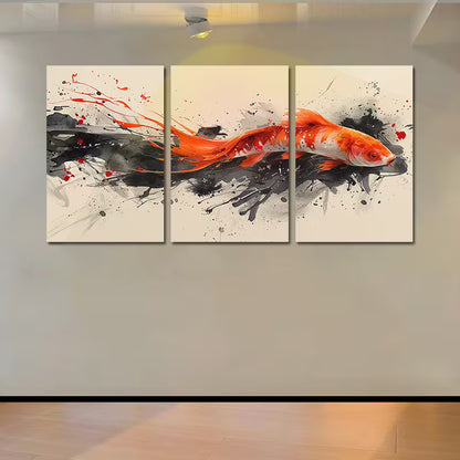 3pcs Koi Fish in Black & Orange Ink Splashes Wall Art Set Canvas Framed 40x60cm - High Quality Print 100% Australian Made Wall Canvas Ready to Hang