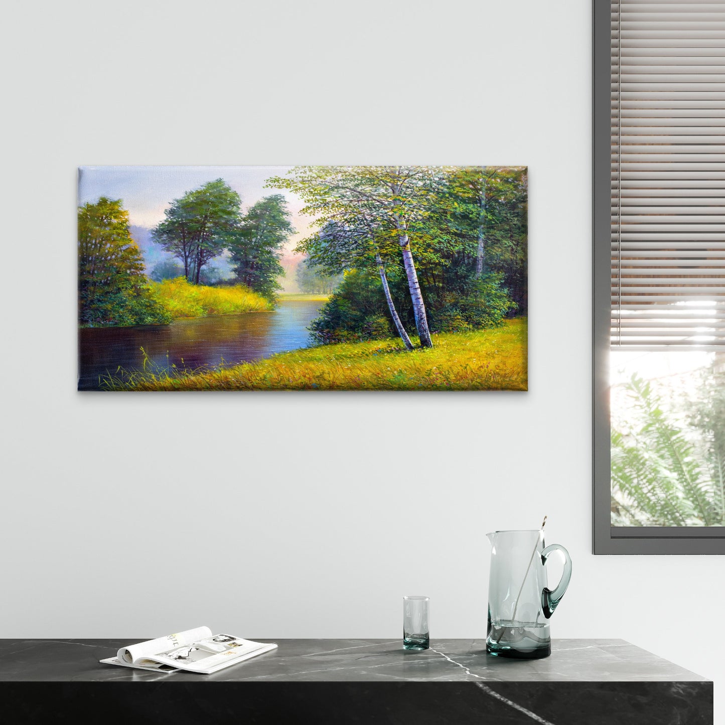 Birch Tree River Nature Oil Painting Wall Art Canvas Office Home Framed 120x60cm