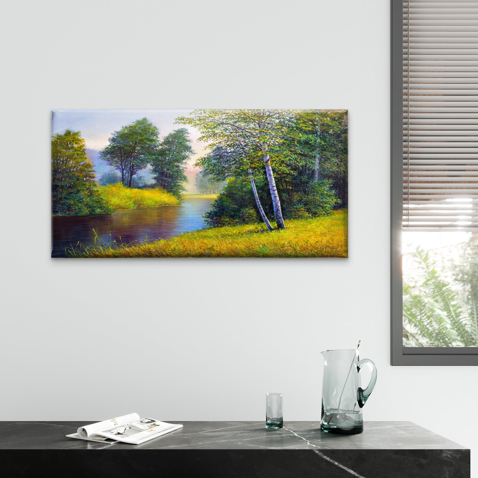 Birch Tree River Nature Oil Painting Wall Art Canvas Office Home Framed 120x60cm
