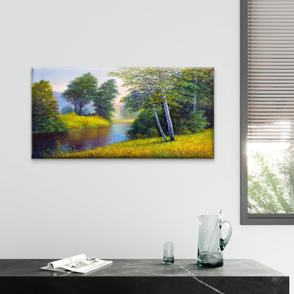 Birch Tree River Nature Oil Painting Wall Art Canvas Office Home Framed 120x60cm
