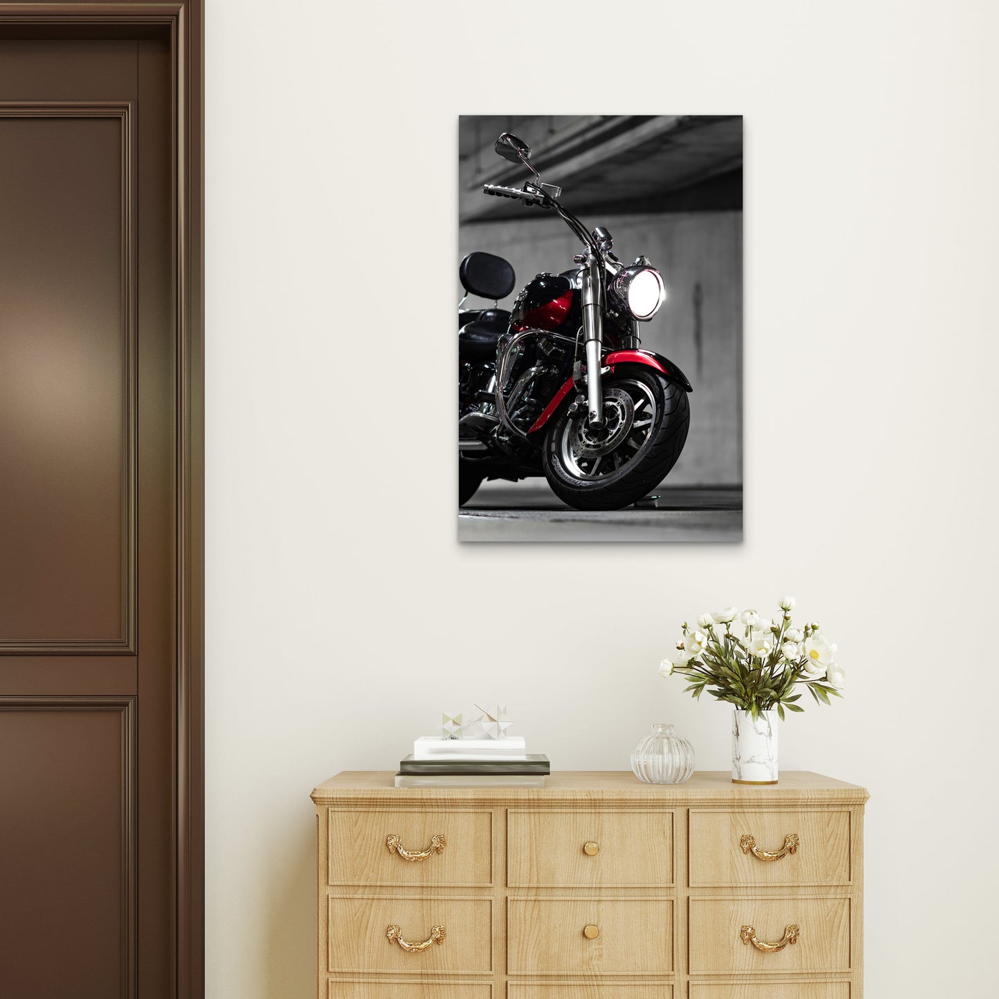 Red Cruiser Motorcycle Chrome Chopper 40x60cm Metal Print Ready to Hang