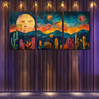 3pcs Whimsical Moon, Sun, Cacti & Floral Design Wall Art Set Canvas Framed 50x70cm - High Quality Print 100% Australian Made Wall Canvas Ready to Hang