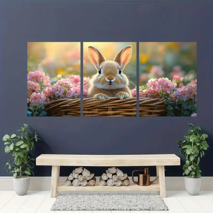3pcs Vintage Easter Bunny & Floral Basket Metal Print Ready to Hang Art