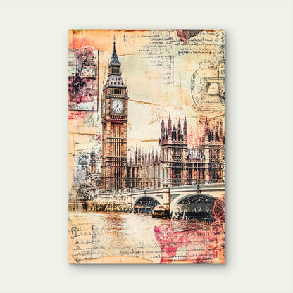 London Big Ben Vintage Collage Map 40x60cm Metal Print Ready to Hang