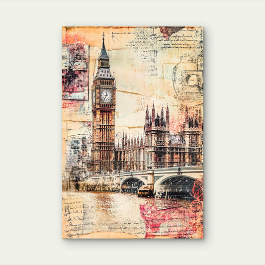London Big Ben Vintage Collage Map 40x60cm Metal Print Ready to Hang