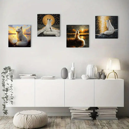 4pcs Night Sky & White Fox Picture  Wall Art Canvas Framed
