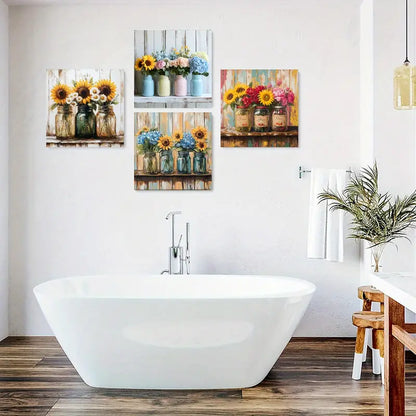 4pcs Sunflower Wall Decor, Glass Jar Posters Wall Art Canvas Framed