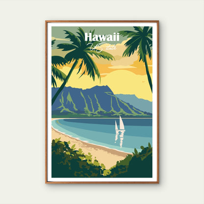 Hawaii Retro Tropical Beach Sailboat Sunset Travel Poster Print Wall Art