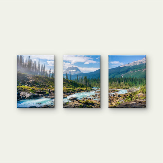 3pcs Mountain River Flowing Through Pine Forests Wall Art Set Canvas Framed 60x90cm - High Quality Print 100% Australian Made Wall Canvas Ready to Hang