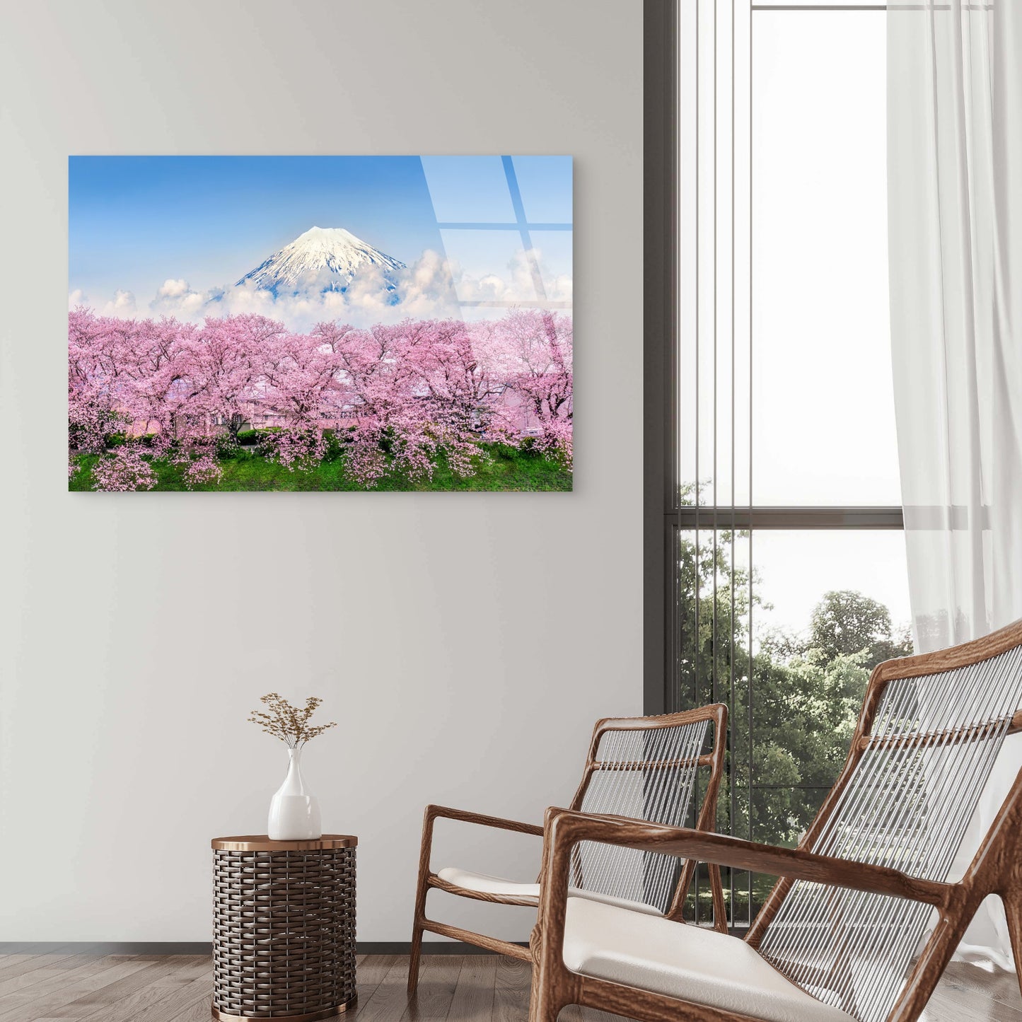 Mount Fuji Snow Peak with Pink Cherry Blossoms Acrylic Glass Printing Wall Art Australian Made Quality