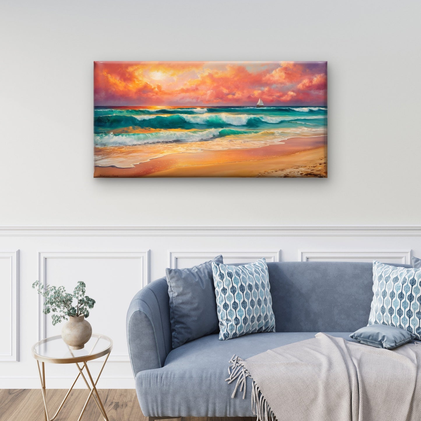 Sunset Ocean Waves Seascape With Sailboat And Fiery Clouds Wall Art Canvas Office Home Room Framed 120x60cm