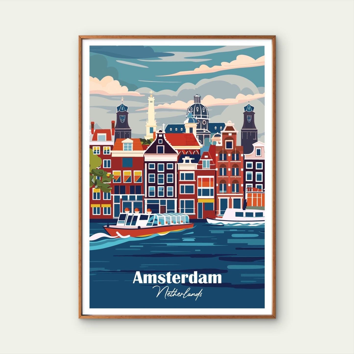 Amsterdam Netherlands Canal Boats Houses Retro Travel Poster Print Wall Art