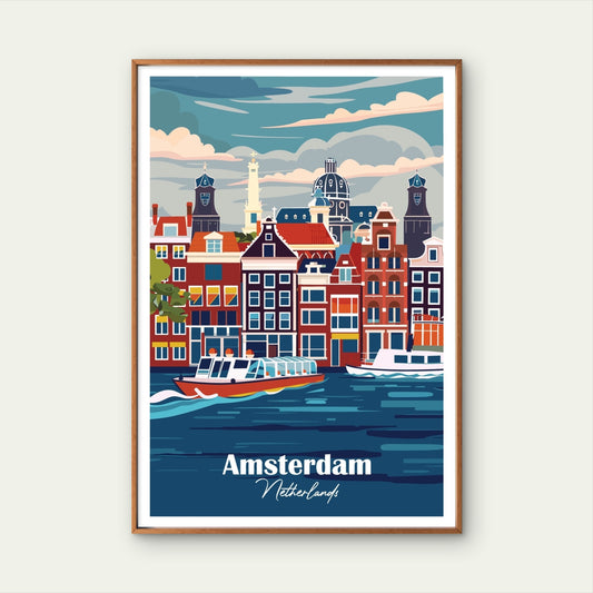 Amsterdam Netherlands Canal Boats Houses Retro Travel Poster Print Wall Art