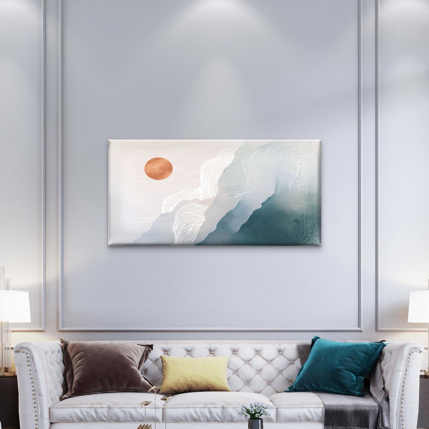 Abstract Teal Terracotta Sun Mountain Wall Art Canvas Office Home Framed 120x60