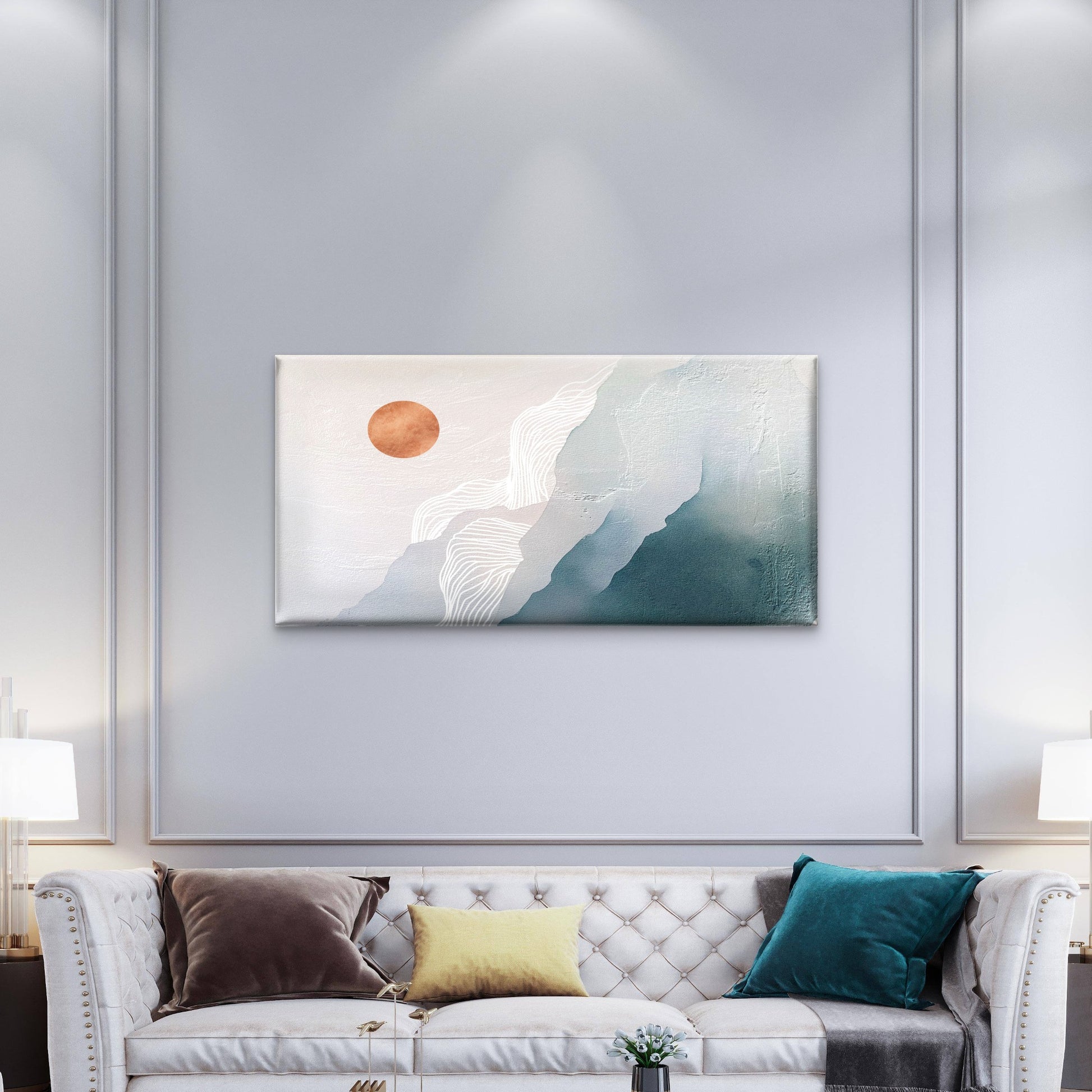 Abstract Teal Terracotta Sun Mountain Wall Art Canvas Office Home Framed 120x60