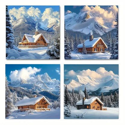 4pcs Cabin in the Snow with Mountains Wall Art Canvas Framed