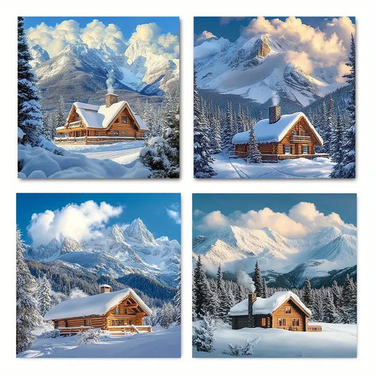 4pcs Cabin in the Snow with Mountains Wall Art Canvas Framed