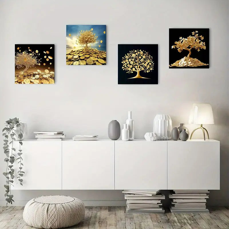 4pcs Luxury Golden Coin Tree Wall Art Canvas Framed