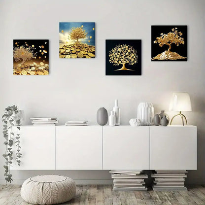 4pcs Luxury Golden Coin Tree Wall Art Canvas Framed