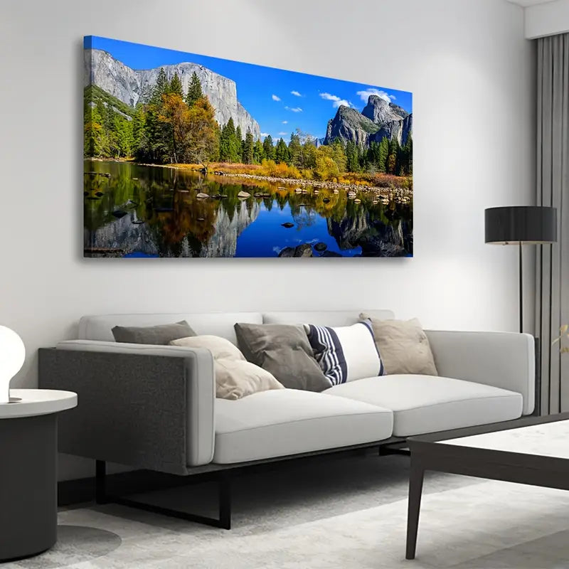Mountain Lake Vibrant Autumn Foliage & Mirror Water Wall Art canvas office home room framed 120x60cm - Bella Home Decor