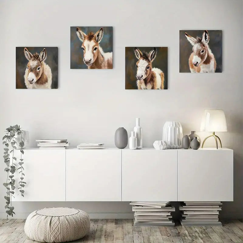 4pcs Vintage Abstract Donkey Wall Art Canvas Framed
