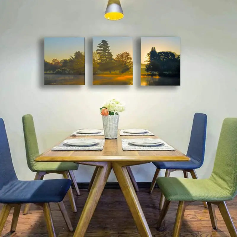 3pcs Sunlight Streaming Over A Lake Surrounded Metal Print Ready to Hang Art
