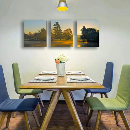 3pcs Sunlight Streaming Over A Lake Surrounded Metal Print Ready to Hang Art