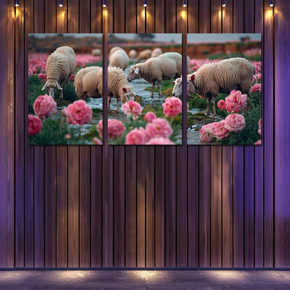 3pcs Picturesque Countryside with Sheep & Floral Wall Art Set Canvas Framed 40x60cm - High Quality Print 100% Australian Made Wall Canvas Ready to Hang
