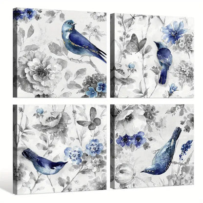 4pcs Abstract  Blue Birds On Blossom Floral Tree Wall Art Canvas Framed