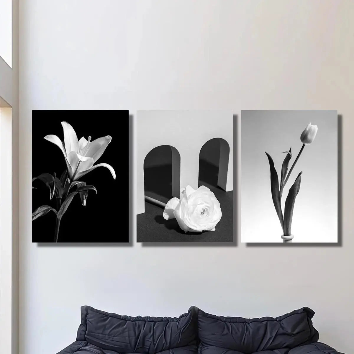 3pcs Black and White Botanical Bouquet Classic Design Metal Print Ready to Hang Art