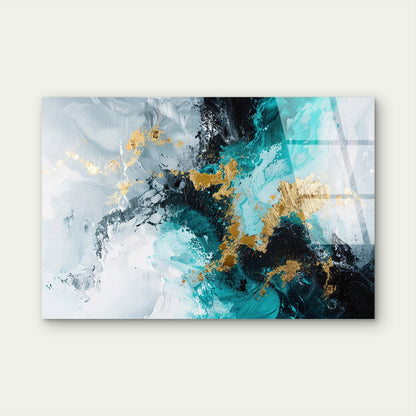 Abstract Teal Gold Black Glass Printing Wall Art Australian Made Quality