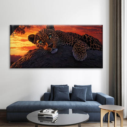 Leopard Sunset Rustic Wildlife Wall Art Canvas Office Home Room Framed 120x60cm