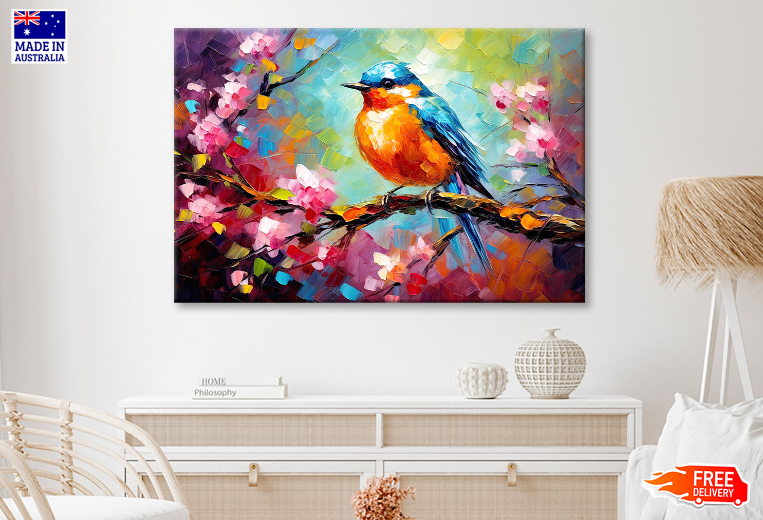 Blue Orange Bird Sitting on Tree Branch Painting Wall Art Limited Edition High Quality Print