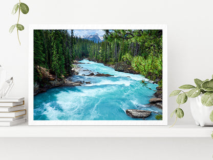 River In Evergreen Forest Glass Framed Wall Art, Ready to Hang Quality Print Without White Border White