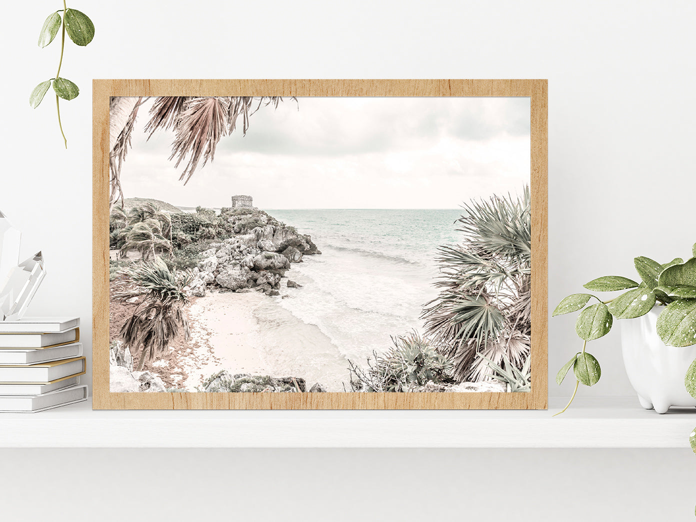 Seawaves on Rocks & Trees Faded Photograph Glass Framed Wall Art, Ready to Hang Quality Print Without White Border Oak